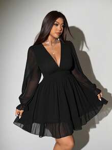 Viva Relle Plus-Size Women's New Year Deep V-Neck A-Line Chiffon Party Dress Fall - Black - View 3