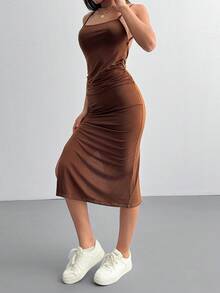 EURMUSE Vestido de tirantes con espalda descubierta y recorte en unicolor de verano - Marrón - Ver 5