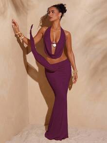 Hauture Bộ đồ đi nghỉ gợi cảm gồm áo hở ngực, áo hai dây buộc hai bên màu trơn và chân váy xếp ly bồng bềnh hở lưng cho nữ - Màu tím - Xem 4