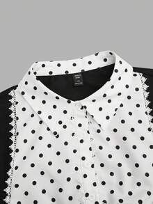 Sweetra Đầm chữ A tay dài khoét sâu chấm bi cổ chữ U màu tương phản có dây rút phía trước cỡ lớn dành cho nữ - Đen và trắng - Xem 7