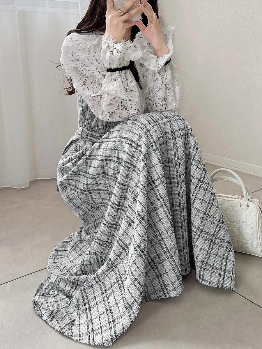 FRIFUL 女士休闲格子印花系带连衣裙 夏季女装 - 白色 - 查看 1
