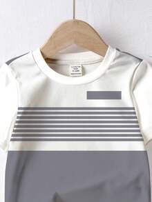 男婴休闲简约圆领短袖宽松T恤，经典条纹印花，适合秋冬季穿着 - 彩色 - 查看 4