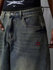 NEON BLANC Men's Casual Washed Red Webbing Curved Leg Denim Jeans Men Wide Leg Jean Drip Jeans - Blue - View 5