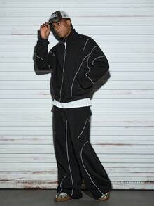 Modcrash 2 件男士前拉链口袋简约夹克和裤子套装，休闲运动服，秋季服装 - 黑色 - 查看 4