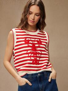 WESTFADE Round Neck Multi Stitch Summer Lobster Intarsia Sweater Tank Top Spring Break Vacation - Apricot - View 1