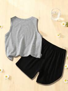 Conjunto de pantalones cortos de chaleco de algodón puro de verano para niños, blusa gris sin mangas + conjunto de pantalones cortos negros para bebés deportes de ocio de dos piezas - Gris - Ver 2