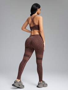 Innovista Women's Leopard Print Criss-Cross Back Sports Bra And Hollow-Out Leggings Fitness Set  Seamless High Support Sports Set, Removable Pads, Adjustable Straps, Leopard Print In Purple-Red & Khaki, Mesh Detailing On Crop Top & Leggings, Back Cross Design, Tummy Control, Quick Dry Activewear For Yoga, HIIT, Gym, Running, Outdoor Exercise, UV Protection, Daily Athleisure, Comfortable & Versatile Performance Gear, Premium Quality Fitness Set Brown Yoga Set Animal Print Workout Leggings - Brown - View 15