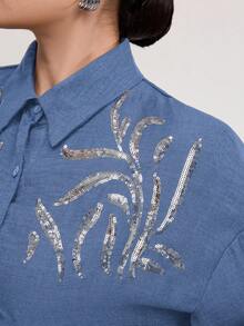 Veilorie 2件套 女士休闲亮片刺绣衬衫和裤子套装 - 藍色 - 查看 5