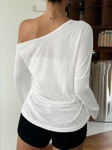 Muchica Women's Solid Color Simple Casual Knit One Shoulder T-Shirt - White - View 2