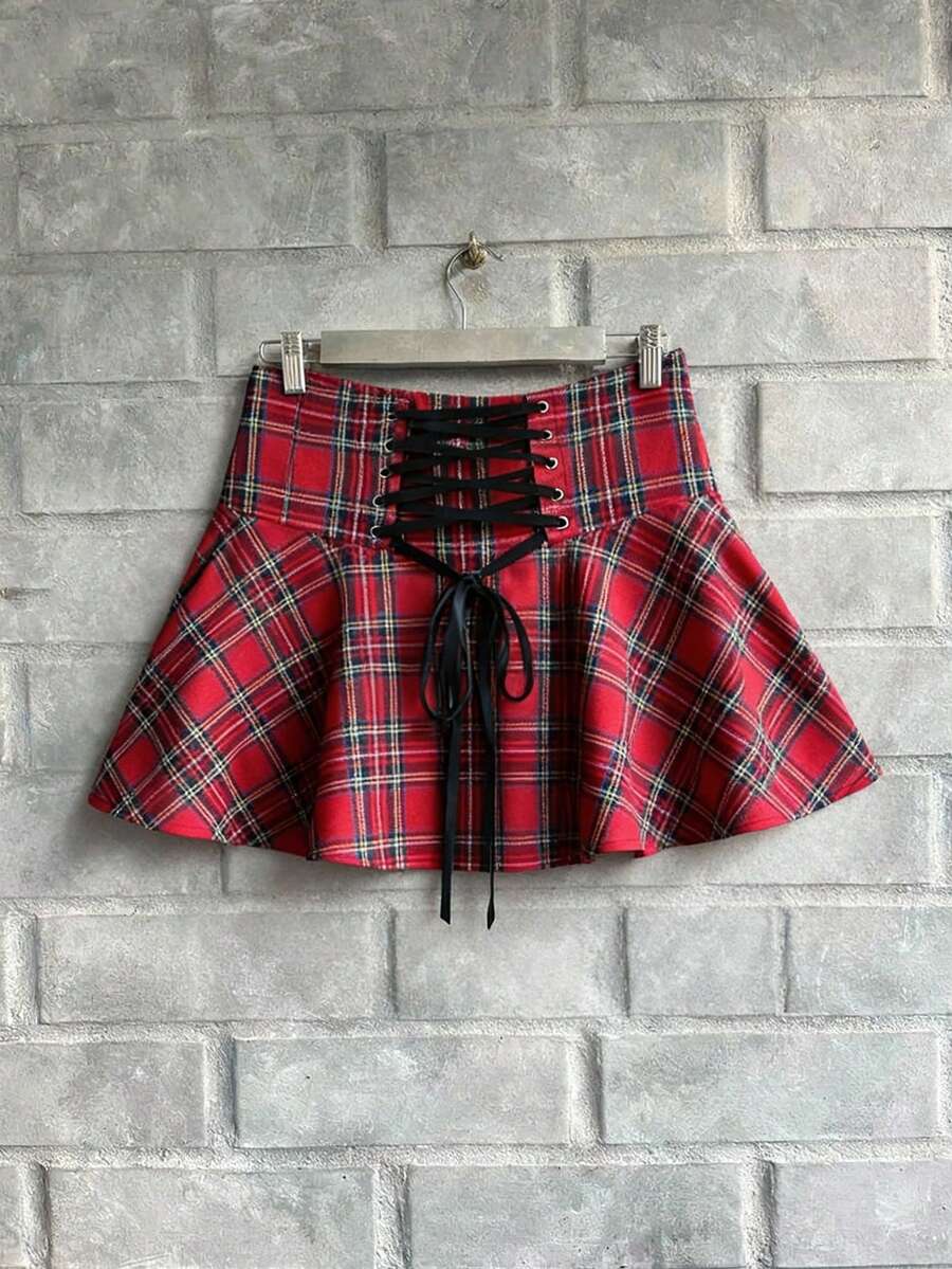 Sunspun Minimalist Plaid Lace-Up Crop Mini Skirt, Style - Red - View 1