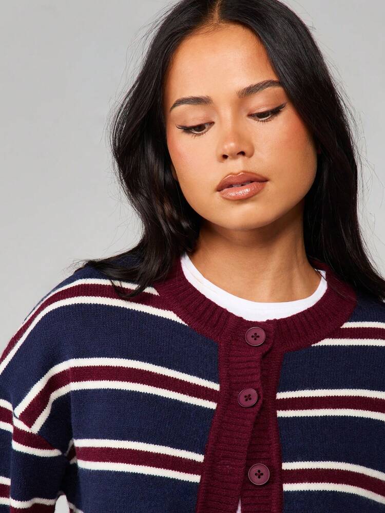 MISSGUIDED Horizontal Striped Button Front Knit Cardigan With Ribbed Trim Long Sleeve Open Front Fall Winter Layering Essential