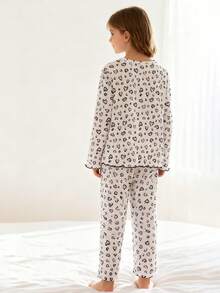 Tween GirlsLeopard Print Lapel Casual Long Sleeve Pajama Set - White - View 2