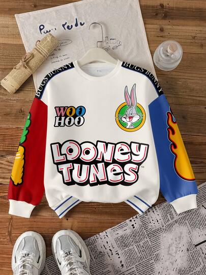 LOONEY TUNES X SHEIN 青少年男孩字母卡通图案撞色圆领长袖卫衣