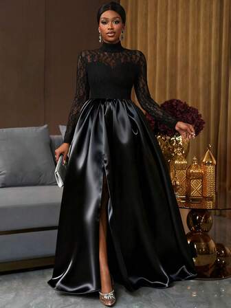 SHEIN Ladiora 优雅蕾丝拼接腰部喇叭裙摆派对连衣裙