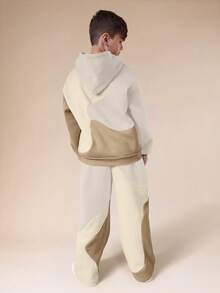 SUMWON Tween Boys Hoodie And Jogger Co-Ord Set Warped Design Urban Streetwear Comfortable Casual Sweatshirt Tracksuit Vacation - Apricot - View 2