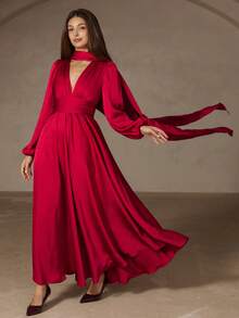 SHEIN Unity Elegant Red Satin Deep V-Neck Jacquard Waist-Cinched Dress With Scarf Collar And Tie Sash, Minimalist Design Long Sleeve Dress - Red - View 3