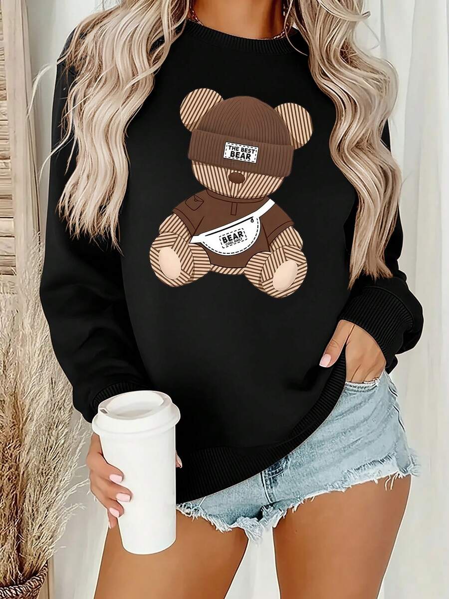 SHEIN LUNE Damen Cartoon Bär Muster Langarm Lässig Rundhals Sweatshirt - Schwarz - Übersicht 1