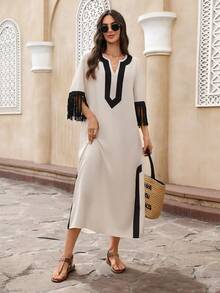 EMERY ROSE Women's Vacation Casual Colorblock Fringe Decor Mid-Length Dress Long Summer Dress For Women Casual Dresses For Women Resort Dresses For Women Tassel Dress