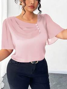 Elenzga 大码不对称荷叶边领纽扣装饰短袖优雅衬衫 - 淺粉色 - 查看 3