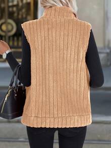 SHEIN Clasi 纯色羊毛口袋前拉链无袖背心，秋冬款 - 摩卡棕 - 查看 2