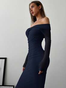 Aloruh Off-Shoulder Mesh-Twist-Rüschenkleid, romantisches Abendkleid mit langen Ärmeln