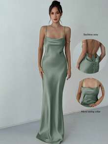 Aloruh 女士纯色深V领露背修身性感时尚吊带连衣裙 - 薄荷藍 - 查看 3