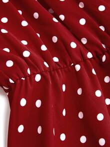 SHEIN Clasi 优雅灯笼袖V领系腰A字喇叭下摆大码女式连衣裙 - 紅色 - 查看 3