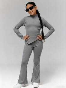 Tween Girls Casual Street Chic Autumn/Winter Turtleneck Asymmetrical Hem T-Shirt And Leggings Set - Grey - View 1