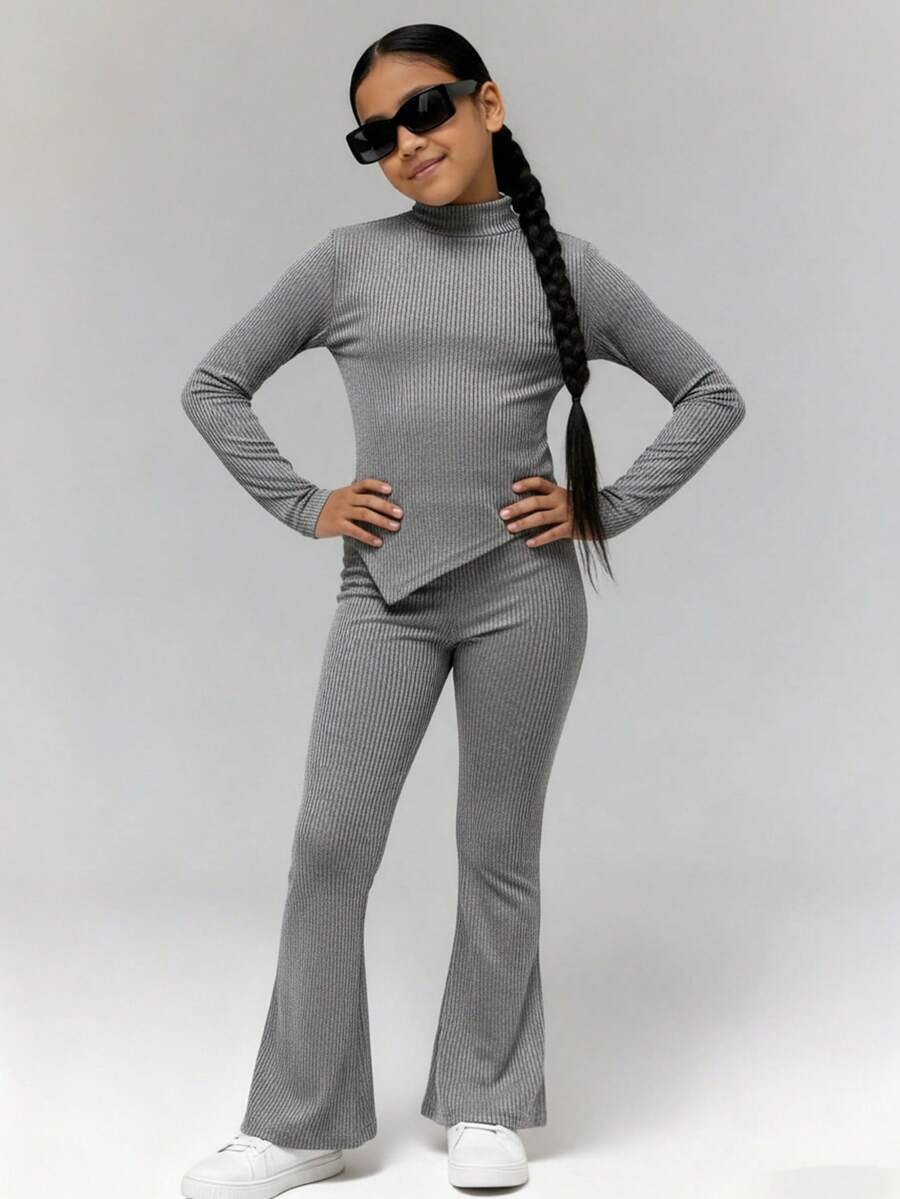 Tween Girls Casual Street Chic Autumn/Winter Turtleneck Asymmetrical Hem T-Shirt And Leggings Set - Grey - View 1