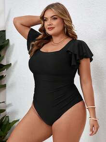 SHEIN CURVE+ 大码夸张荷叶边泡泡袖连体泳衣，适合夏季度假，女士度假装扮，女士沙滩装扮，大码泳衣，女士连体泳衣套装，泳装，显瘦泳衣 - 黑色 - 查看 3