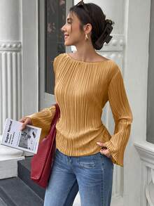 Elenzga Áo sơ mi xếp ly cổ tròn tay loe rộng thu đông - Màu Mù tạt vàng - Xem 4