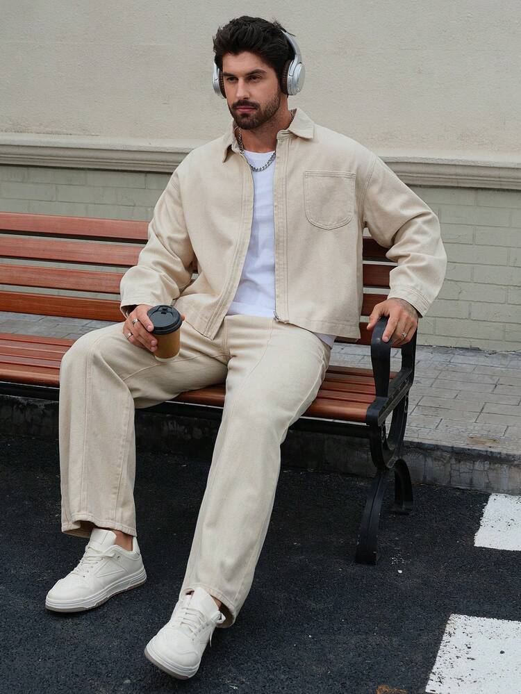 Solid Color Beige Soft Washed Vintage Denim Men's Jacket Set, Autumn