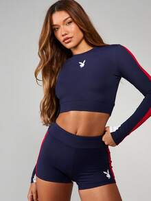 Missguided x Playboy Long Sleeve Bunny Logo Crop Top With Side Stripe Detailing Athletic Fitness Training Performance Wear - Blue - View 5