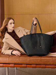 MOTF PREMIUM PU LEATHER OVERSIZED TOTE BAG - braided embossed black - View 7