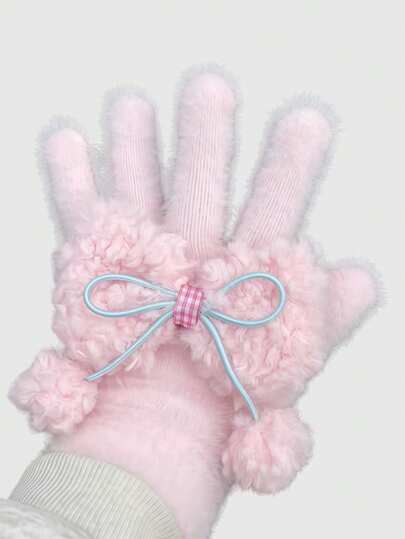ROMWE Kawaii 1 Pair Pink Cute & Sweet 3D Bow Decor Elegant Fashion Simple French Romantic Warm Women Gloves, Suitable For School, Dates, Commuting, Shopping, Etc.