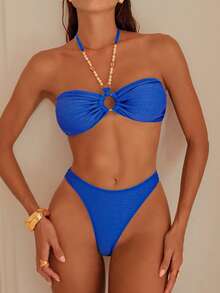SHEIN Swim Women's Solid Color Bikini Set With Faux Pearl Decoration, Halter Neck Strap And Sexy Cut, Suitable For Vacation,Summer Beach - Royal Blue - View 7