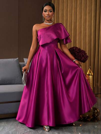 SHEIN Ladiora Vestido midi elegante de lujo con cintura ceñida y línea A para ocasiones y fiestas, suave y brillante para mujeres