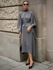 Ontre 2026春夏新品，百搭复古优雅商务休闲连衣裙，适合各种场合，纳什维尔穿搭，复活节和圣诞节服装，女士纯色系带休闲背心，四季皆宜，适合都市通勤、商务休闲、婚礼宾客等场合，灰色领带腰身中长连衣裙 - 灰色 - 查看 5