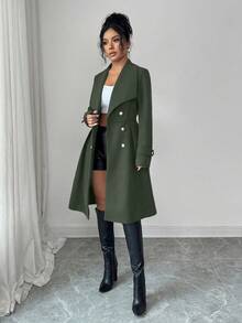 SHEIN Elenzya 女士双排扣翻领羊毛混纺优雅休闲通勤商务约会派对圣诞大衣，酒红色，秋冬款 - 橄欖綠 - 查看 8