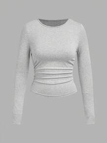 SHEIN EZwear 3pcs/Set Women Casual Round Neck Fitted Long Sleeve T-Shirt Set, Suitable For Autumn/Winter, Waist Ruched,Fall,Fall Clothes For Women,Women's Winter Clothes - Multicolor - View 5