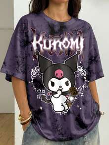 HELLO KITTY AND FRIENDS | SHEIN 女士宽松扎染卡通图案 Y2K 圆领舒适 T 恤，春夏 - 白色 - 查看 6