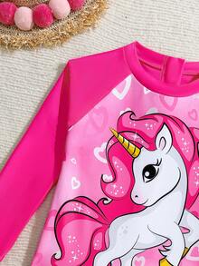 SHEIN 女童独角兽爱心印花连体泳衣 女童独角兽泳装 粉色独角兽泳衣 女童卡通人物泳装 独角兽长袖泳衣 女童独角兽长袖泳衣 - 粉色 - 查看 3