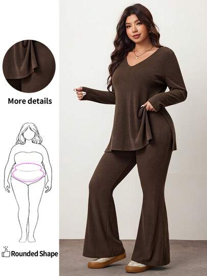 Enliva Plus Size Casual Homewear Minimalist Ribbed 2 Pieces Set, Autumn Clothes, Winter Clothes, Friendly To Round Body Curves, For Apple Rounded Body Shape Women Plus Clothing Sets