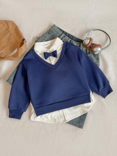 PrepCrw 男童学院风拼布衬衫领半拉链长袖运动衫