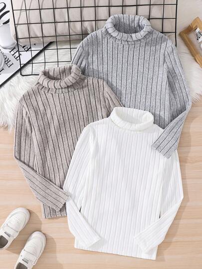 SHEIN 3-Pack Tween Boy Knit Casual Turtleneck T-Shirts, Solid Color Versatile & Comfortable, Suitable For Home & Outdoor Wear, Autumn/Winter