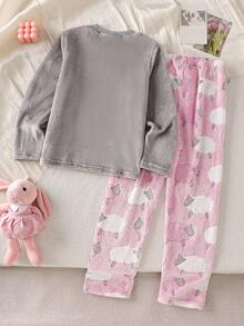 两件套女童可爱绵羊图案抓绒睡衣套装，长裤长袖，秋冬季舒适家居服 - 淺灰色 - 查看 2