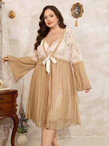 Côtesoire Khaki Plus Size Robe Sets With Bell Sleeve And Ruffle Hem For Women Sexy Sleepwear - Khaki - View 3