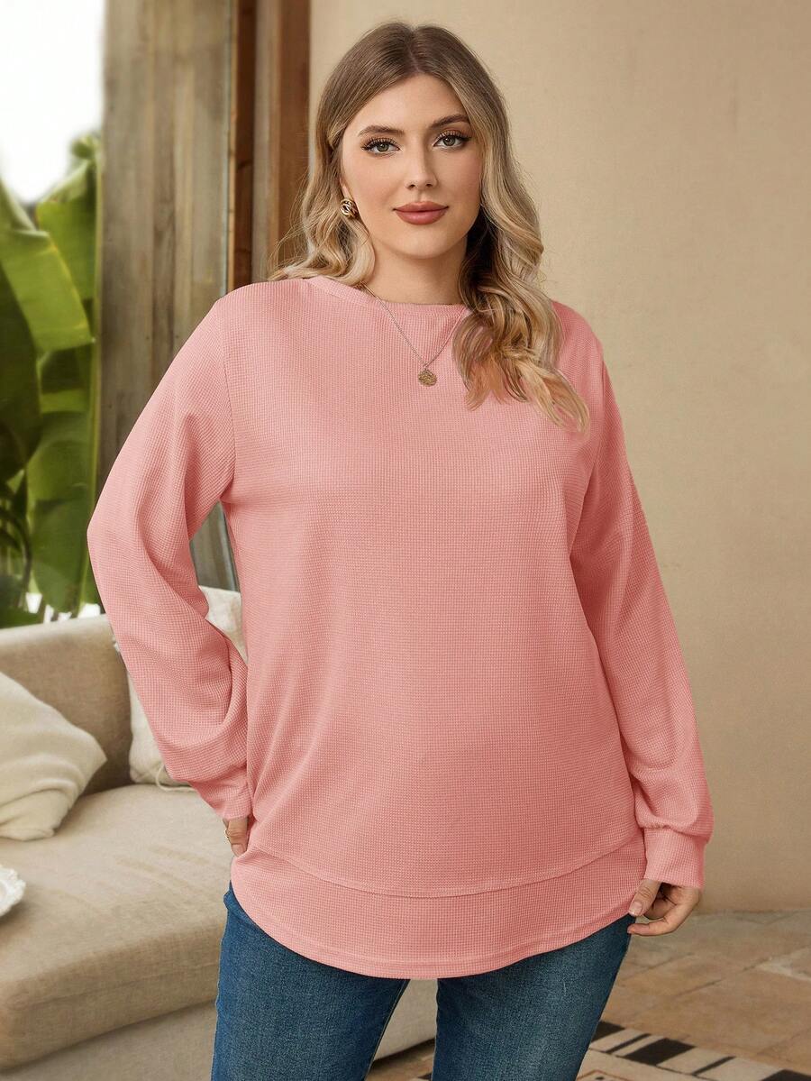 Rosumi Plus Size Casual Solid Color Crew Neck Sweatshirt, Women's Fall Clothes,Fall Clothes For Women, Casual Minimalist Style For Everyday Wear,Going Out,Spring - Pink - View 1
