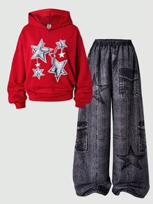 SHEIN 2 Stücke/Set Teenager Mädchen Loose Fit Kapuzen Langarm Sweatshirt mit Sternendruck und bequeme Hose mit elastischem Bund und weitem Bein mit Muster, geeignet für Streetwear - Rot - Übersicht 8