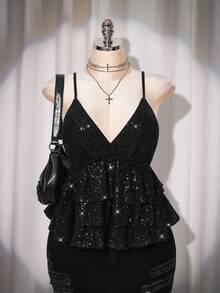 SHEIN ICON 大码女式纯色亮片荷叶边优雅时尚吊带衫 - 黑色 - 查看 4